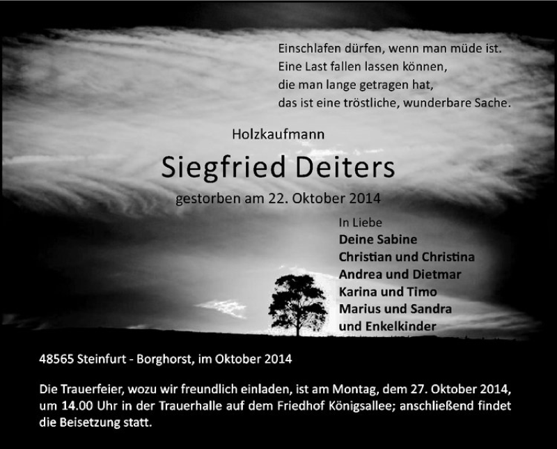  Traueranzeige für Siegfried Deiters vom 25.10.2014 aus Westfälische Nachrichten