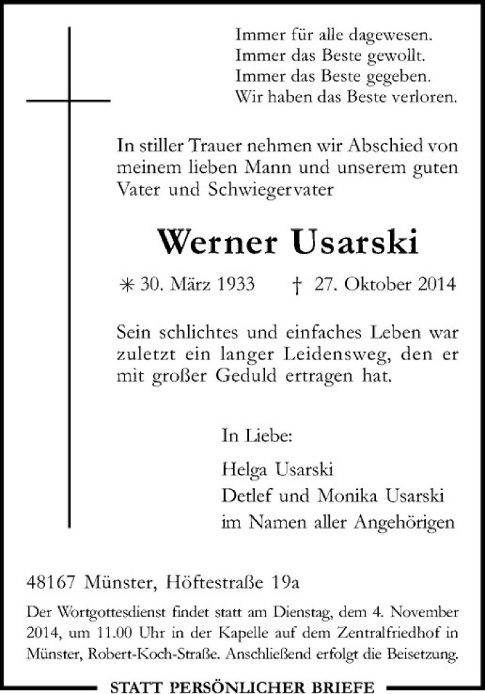  Traueranzeige für Werner Usarski vom 04.11.2014 aus Westfälische Nachrichten