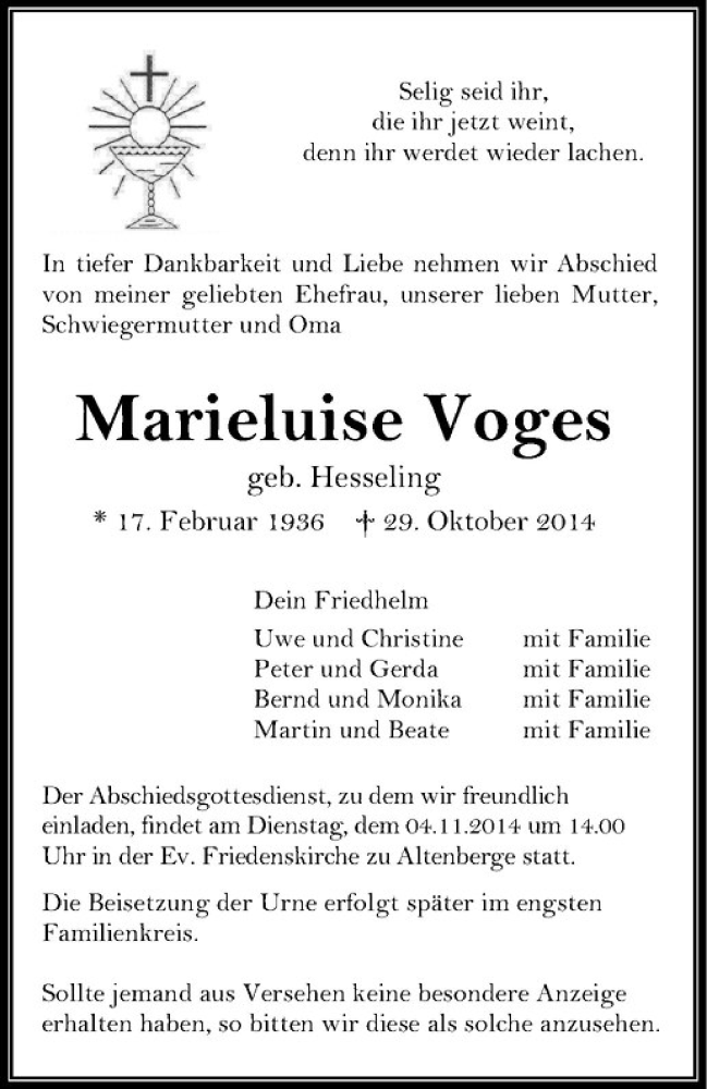  Traueranzeige für Marieluise Voges vom 01.11.2014 aus Westfälische Nachrichten