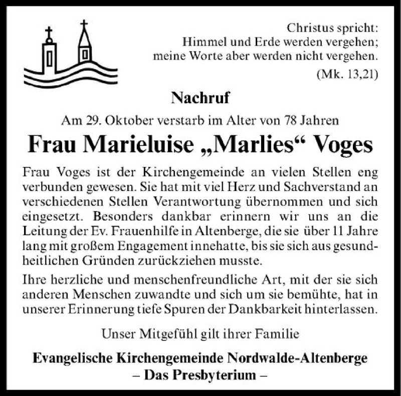  Traueranzeige für Marieluise Voges vom 04.11.2014 aus Westfälische Nachrichten
