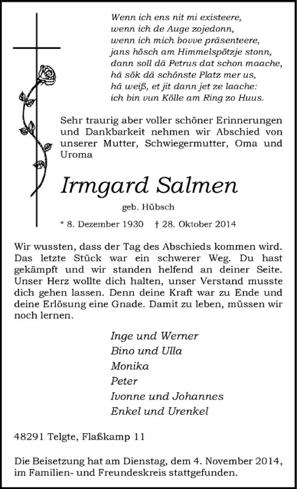  Traueranzeige für Irmgard Salmen vom 08.11.2014 aus Westfälische Nachrichten