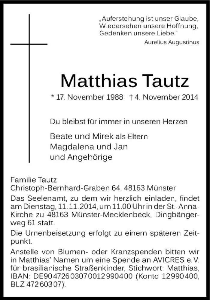  Traueranzeige für Matthias Tautz vom 08.11.2014 aus Westfälische Nachrichten