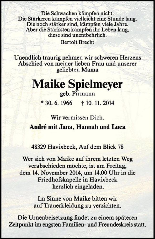  Traueranzeige für Maike Spielmeyer vom 12.11.2014 aus Westfälische Nachrichten