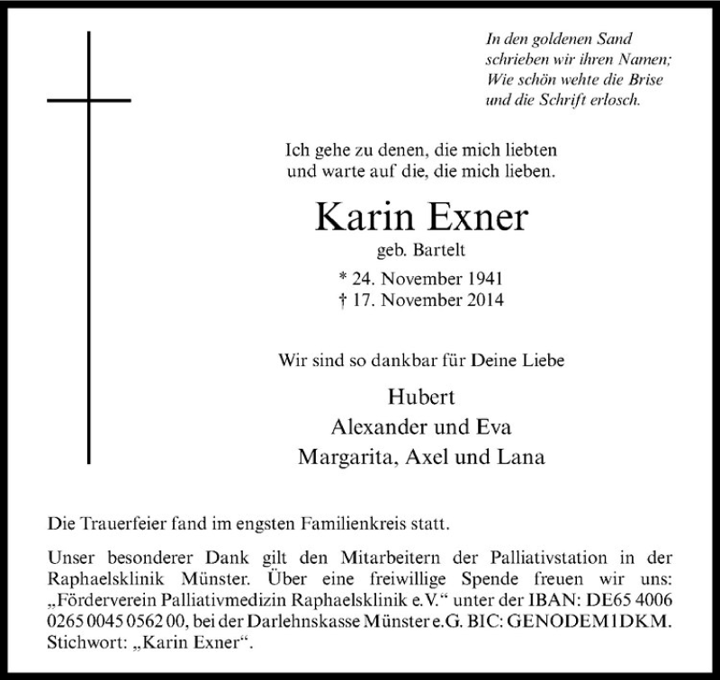  Traueranzeige für Karin Exner vom 29.11.2014 aus Westfälische Nachrichten