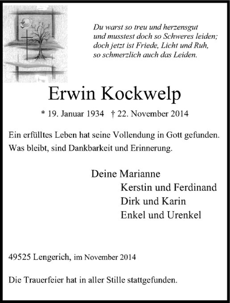  Traueranzeige für Erwin Kockwelp vom 29.11.2014 aus Westfälische Nachrichten