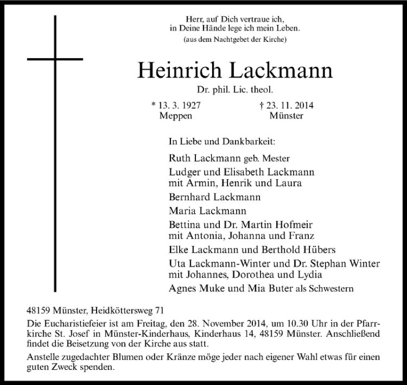  Traueranzeige für Heinrich Lackmann vom 26.11.2014 aus Westfälische Nachrichten