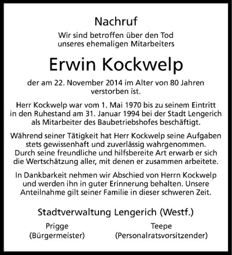  Traueranzeige für Erwin Kockwelp vom 02.12.2014 aus Westfälische Nachrichten