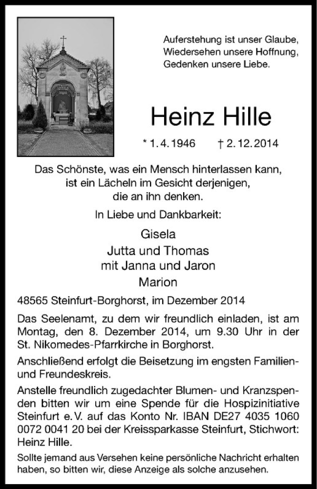  Traueranzeige für Heinz Hille vom 05.12.2014 aus Westfälische Nachrichten