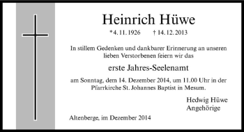 Anzeige von Heinrich Hüwe von Westfälische Nachrichten