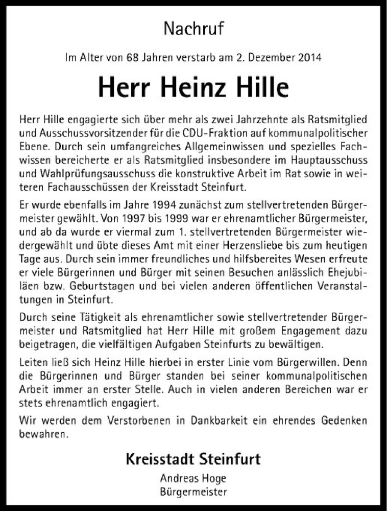  Traueranzeige für Heinz Hille vom 06.12.2014 aus Westfälische Nachrichten