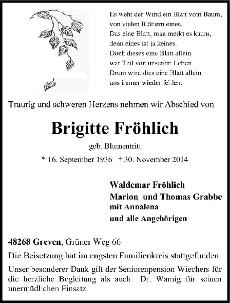  Traueranzeige für Brigitte Fröhlich vom 10.12.2014 aus Westfälische Nachrichten