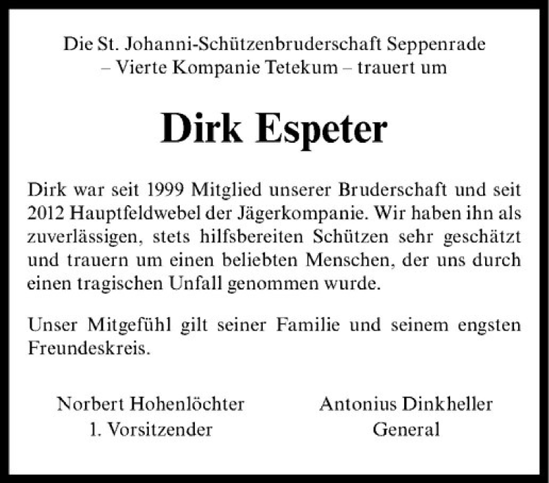  Traueranzeige für Dirk Espeter vom 12.12.2014 aus Westfälische Nachrichten