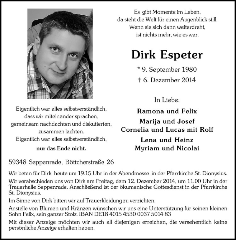  Traueranzeige für Dirk Espeter vom 10.12.2014 aus Westfälische Nachrichten