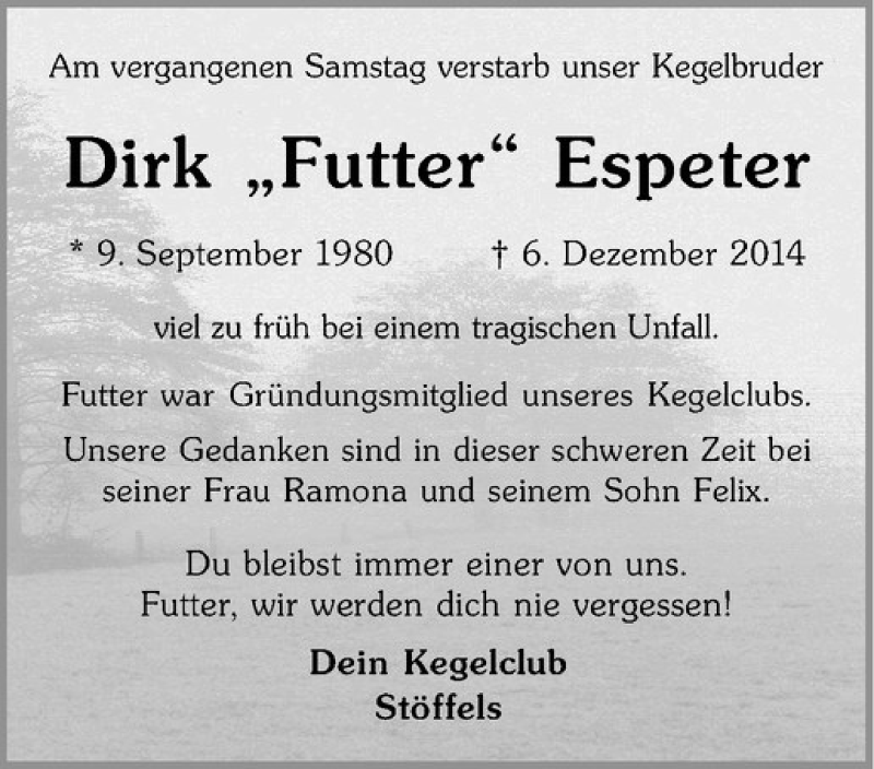  Traueranzeige für Dirk Espeter vom 12.12.2014 aus Westfälische Nachrichten