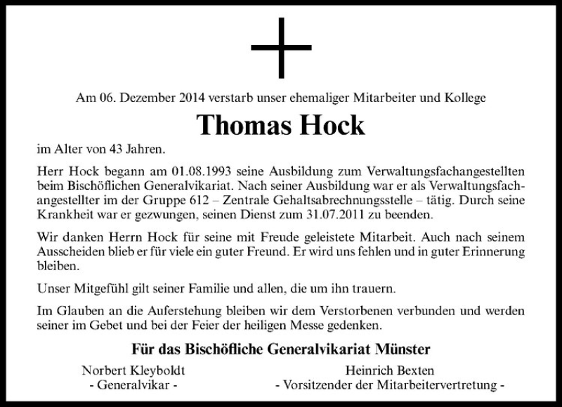 Traueranzeige für Thomas Hock vom 13.12.2014 aus Westfälische Nachrichten