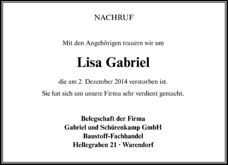  Traueranzeige für Lisa Gabriel vom 12.12.2014 aus Westfälische Nachrichten
