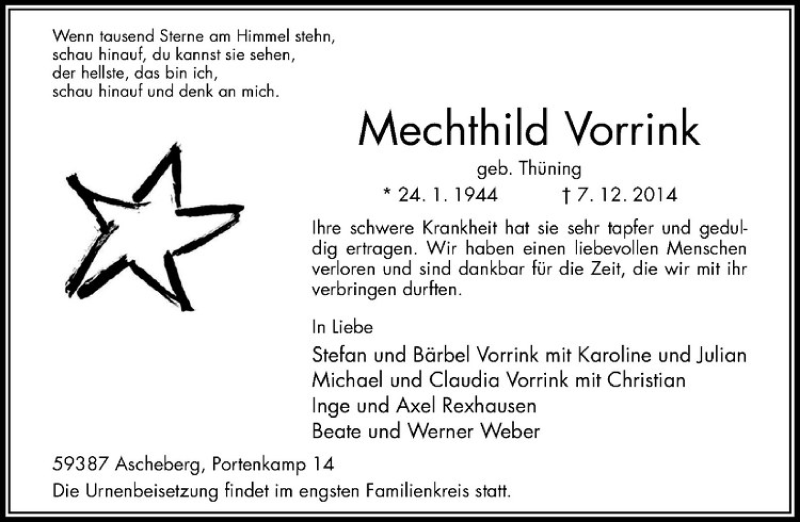  Traueranzeige für Mechthild Vorrink vom 13.12.2014 aus Westfälische Nachrichten