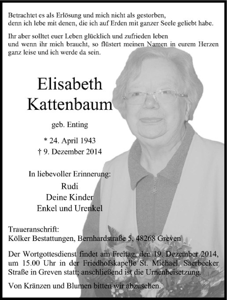  Traueranzeige für Elisabeth Kattenbaum vom 13.12.2014 aus Westfälische Nachrichten