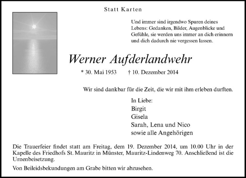  Traueranzeige für Werner Aufderlandwehr vom 15.12.2014 aus Westfälische Nachrichten