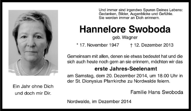  Traueranzeige für Hannelore Swoboda vom 17.12.2014 aus Westfälische Nachrichten