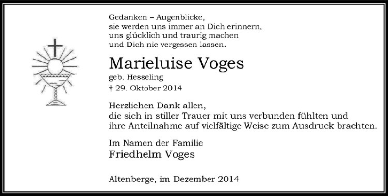  Traueranzeige für Marieluise Voges vom 17.12.2014 aus Westfälische Nachrichten