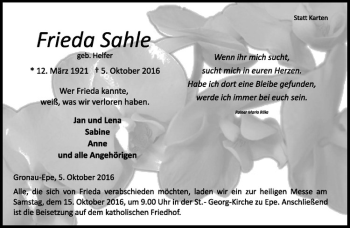 Anzeige von Frieda Sahle von Westfälische Nachrichten