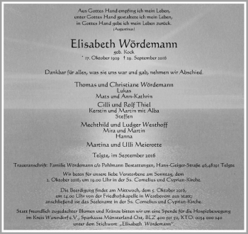 Anzeige von Elisabeth Wördemann von Westfälische Nachrichten