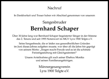 Anzeige von Bernhard Schaper von Westfälische Nachrichten