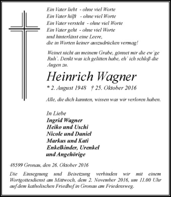Anzeige von Heinrich Wagner von Westfälische Nachrichten