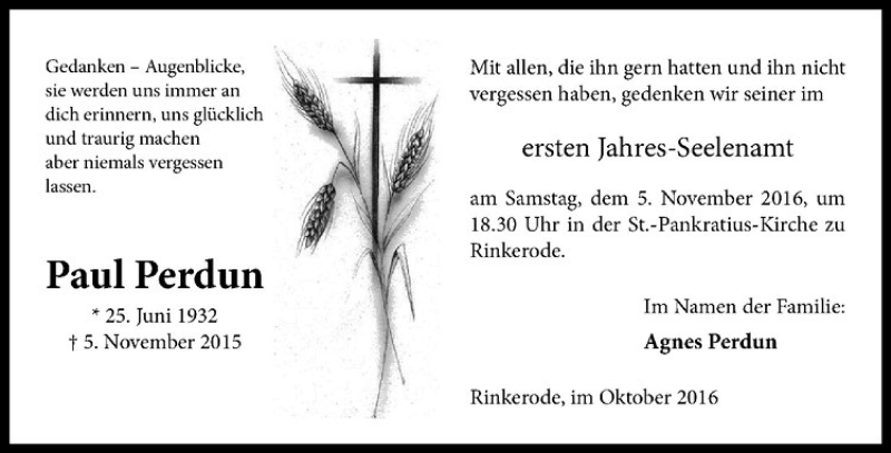 Traueranzeige für Paul Perdun vom 29.10.2016 aus Westfälische Nachrichten