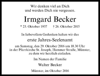 Anzeige von Irmgard Becker von Westfälische Nachrichten