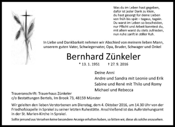 Anzeige von Bernhard Zünkeler von Westfälische Nachrichten