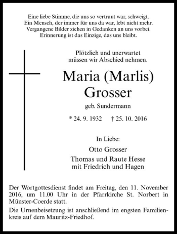 Anzeige von Maria Grosser von Westfälische Nachrichten