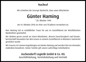 Anzeige von Günter Haming von Westfälische Nachrichten