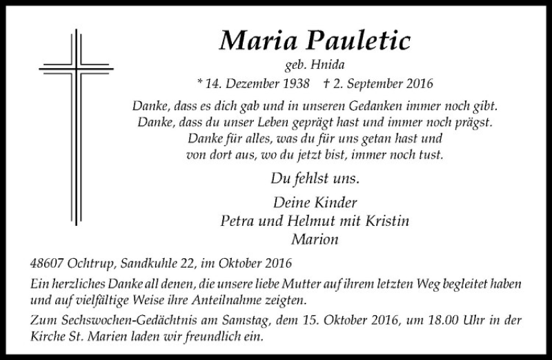  Traueranzeige für Maria Pauletic vom 12.10.2016 aus Westfälische Nachrichten