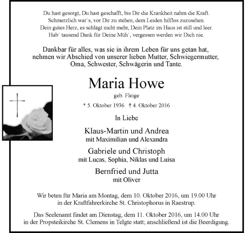  Traueranzeige für Maria Howe vom 08.10.2016 aus Westfälische Nachrichten