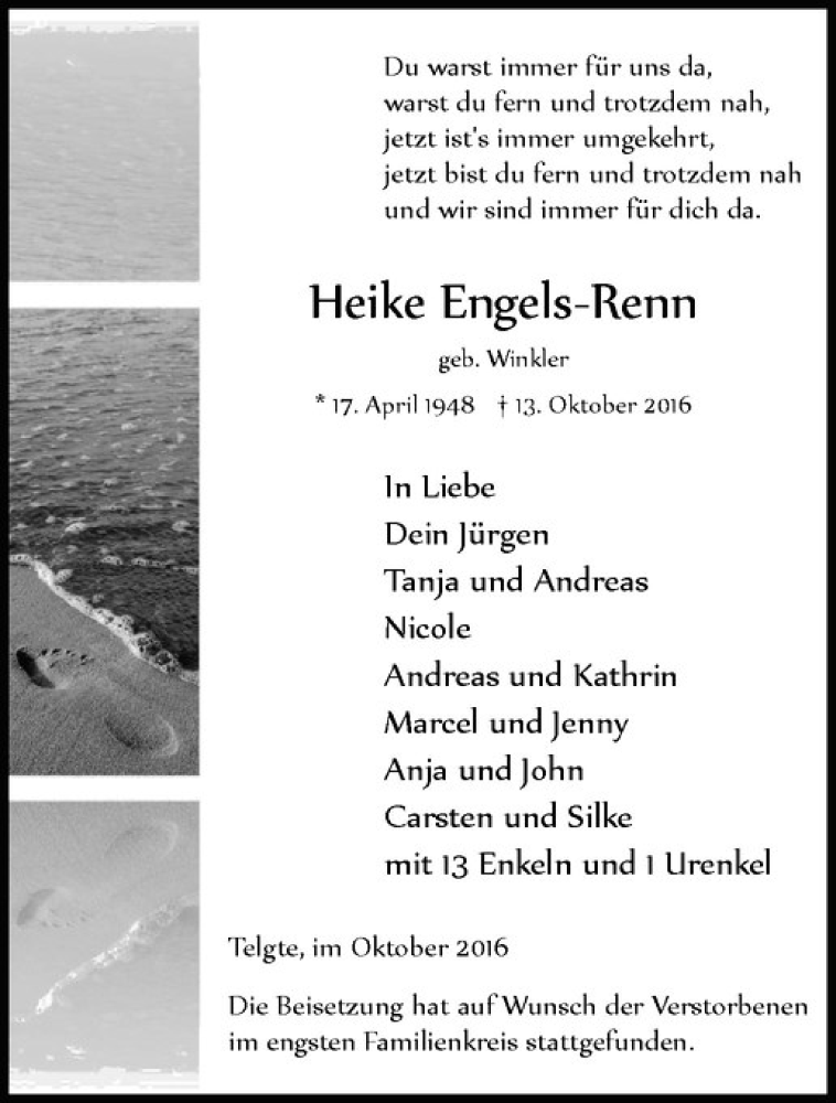  Traueranzeige für Heike Engels-Renn vom 22.10.2016 aus Westfälische Nachrichten