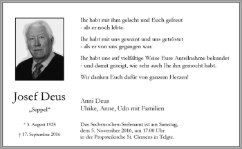 Anzeige von Josef Deus von Westfälische Nachrichten