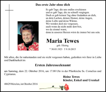 Anzeige von Maria Tewes von Westfälische Nachrichten