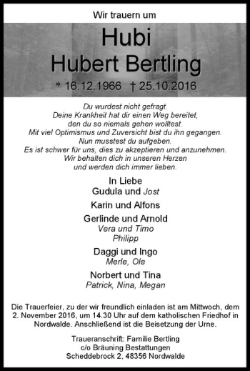 Anzeige von Hubert Bertling von Westfälische Nachrichten