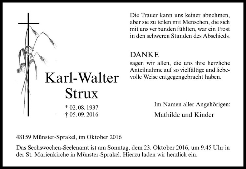  Traueranzeige für Karl-Walter Strux vom 15.10.2016 aus Westfälische Nachrichten