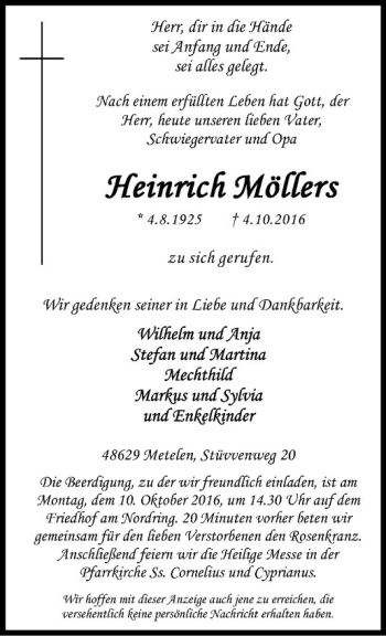Anzeige von Heinrich Möllers von Westfälische Nachrichten