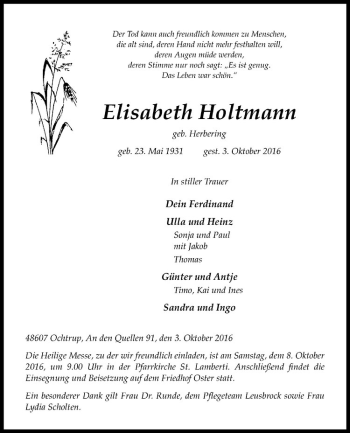 Anzeige von Elisabeth Holtmann von Westfälische Nachrichten