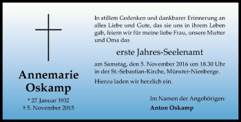 Anzeige von Annemarie Oskamp von Westfälische Nachrichten