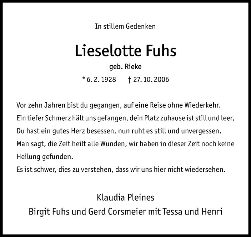 Traueranzeige für Lieselotte Fuhs vom 27.10.2016 aus Westfälische Nachrichten