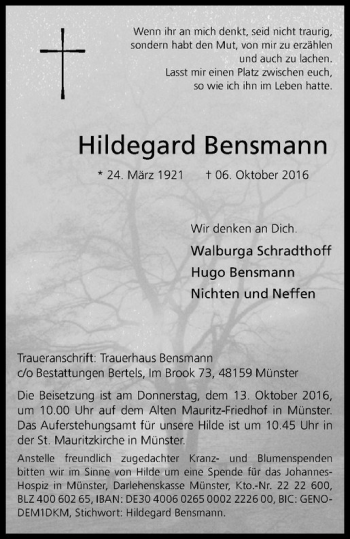 Anzeige von Hildegard Bensmann von Westfälische Nachrichten