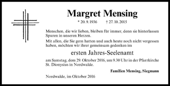 Anzeige von Margret Mensing von Westfälische Nachrichten