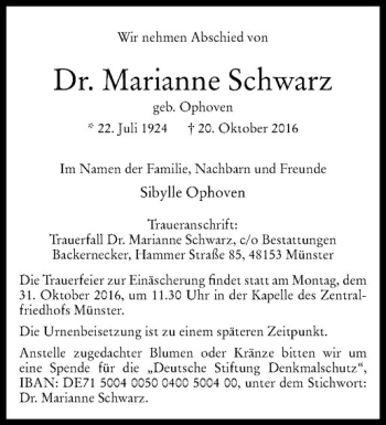 Anzeige von Marianne Schwarz von Westfälische Nachrichten