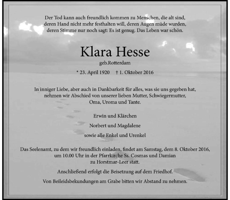 Traueranzeige für Klara Hesse vom 05.10.2016 aus Westfälische Nachrichten