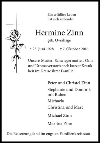 Anzeige von Hermine Zinn von Westfälische Nachrichten